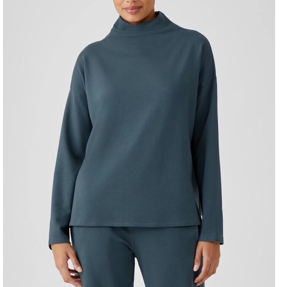 Eileen Fisher Cozy Brushed Terry Hug Funnel Neck Box-Top Boxy Sz M Tencel